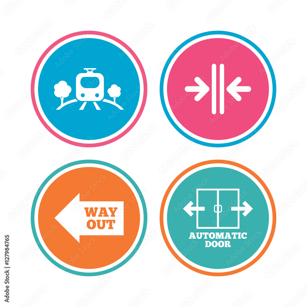 Train railway icon. Overground transport. Automatic door symbol. Way out arrow sign. Colored circle buttons. Vector
