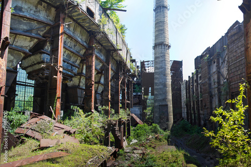 Abandoned, destroyed by war and overgrown machinery of Tkvarcheli power plant 