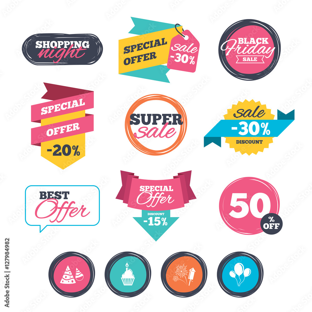 Sale stickers, online shopping. Birthday party icons. Cake, balloon, hat and muffin signs. Fireworks with rocket symbol. Cupcake with candle. Website badges. Black friday. Vector