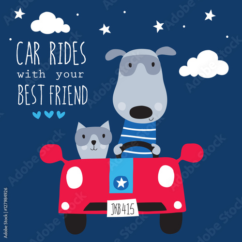 cute cat and dog in the car vector illustration