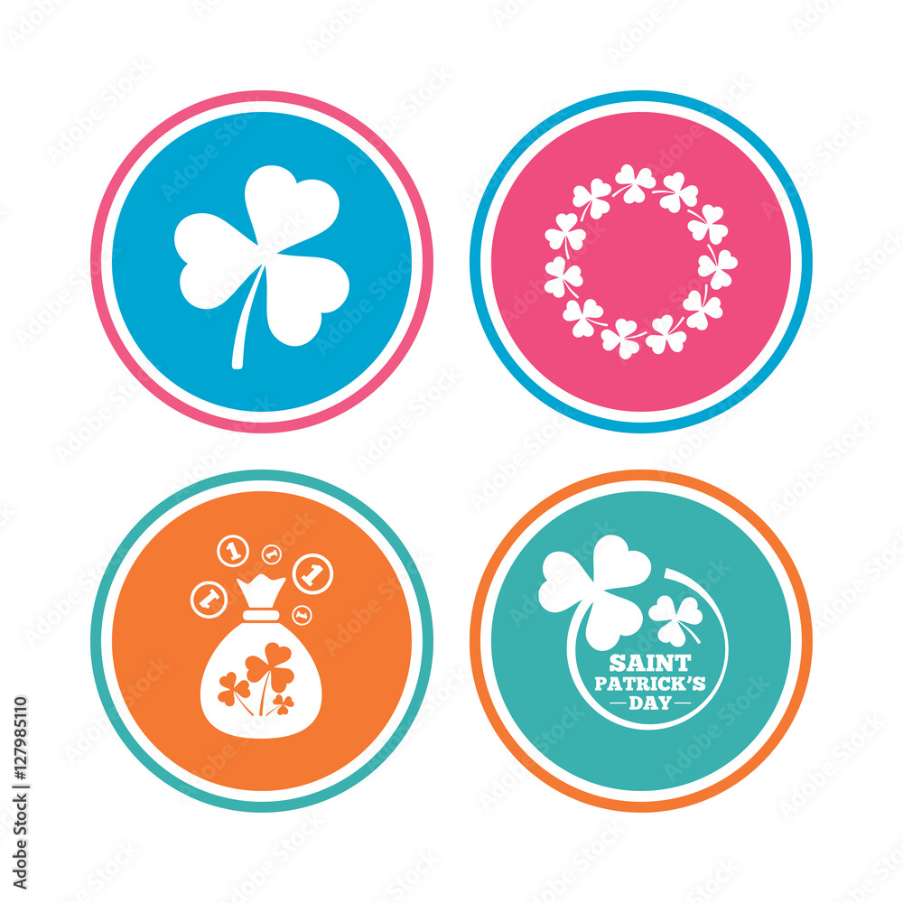 Saint Patrick day icons. Money bag with clover sign. Wreath of trefoil shamrock clovers. Symbol of good luck. Colored circle buttons. Vector Saint Patrick day icons. Money bag with clover sign. Wreath of trefoil shamrock clovers. Symbol of good luck. Colored circle buttons. Vector