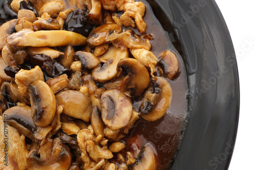 Chicken with black and white mushrooms and bamboo shoots