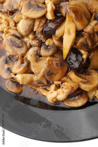 Chicken with black and white mushrooms and bamboo shoots