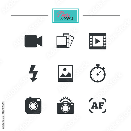 Photo, video icons. Camera, photos and frame signs. Flash, timer and landscape symbols. Black flat icons. Classic design. Vector
