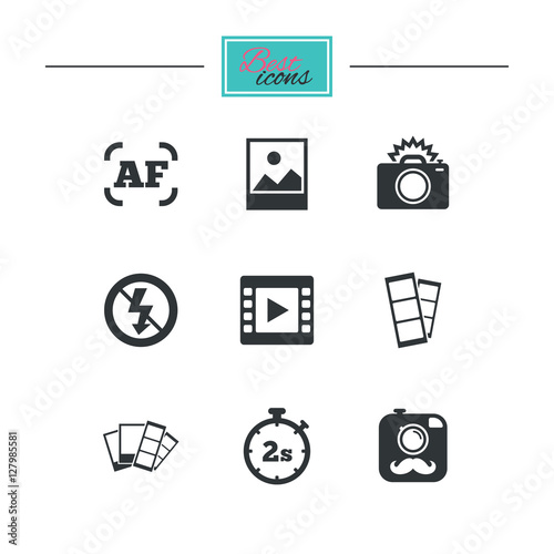 Photo, video icons. Camera, photos and frame signs. No flash, timer and strips symbols. Black flat icons. Classic design. Vector