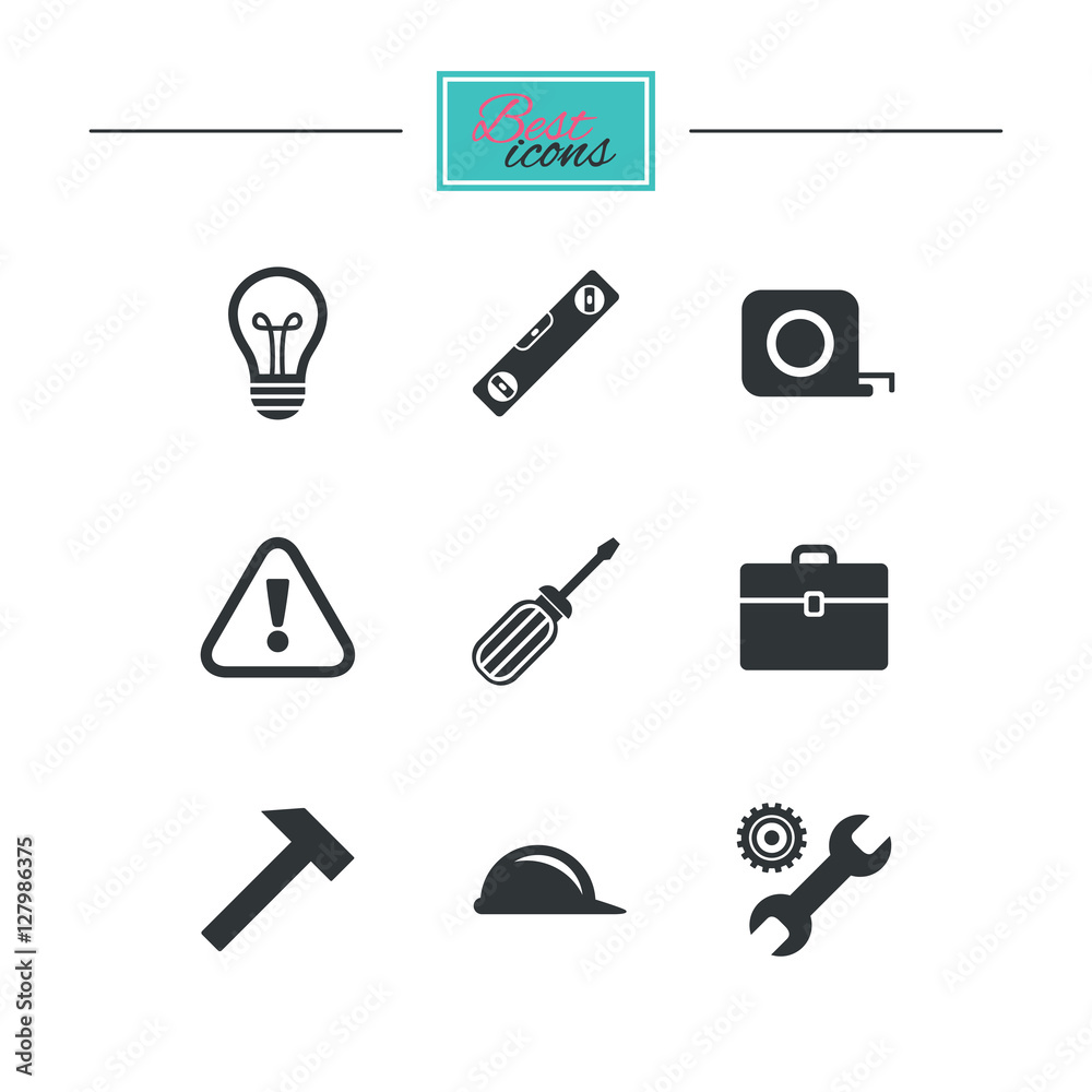 Repair, construction icons. Engineering, helmet and screwdriver signs. Lamp, electricity and attention symbols. Black flat icons. Classic design. Vector