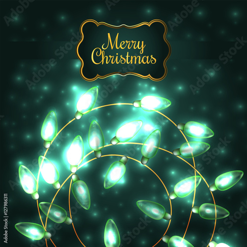 Colorful Green Glowing Christmas Lights.Vector elements can be used as backdrop for new Year decoration. Holiday Illustration, luminous electric garland, shiny light bulbs and wire