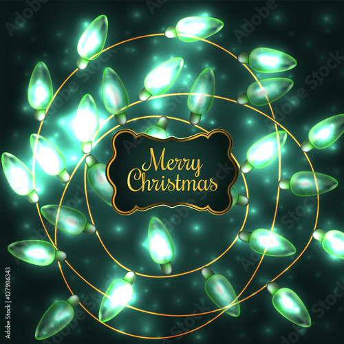 Colorful Green Glowing Christmas Lights.Vector elements can be used as backdrop for new Year decoration. Holiday Illustration, luminous electric garland, shiny light bulbs and wire