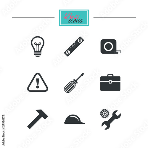 Repair  construction icons. Engineering  helmet and screwdriver signs. Lamp  electricity and attention symbols. Black flat icons. Classic design. Vector