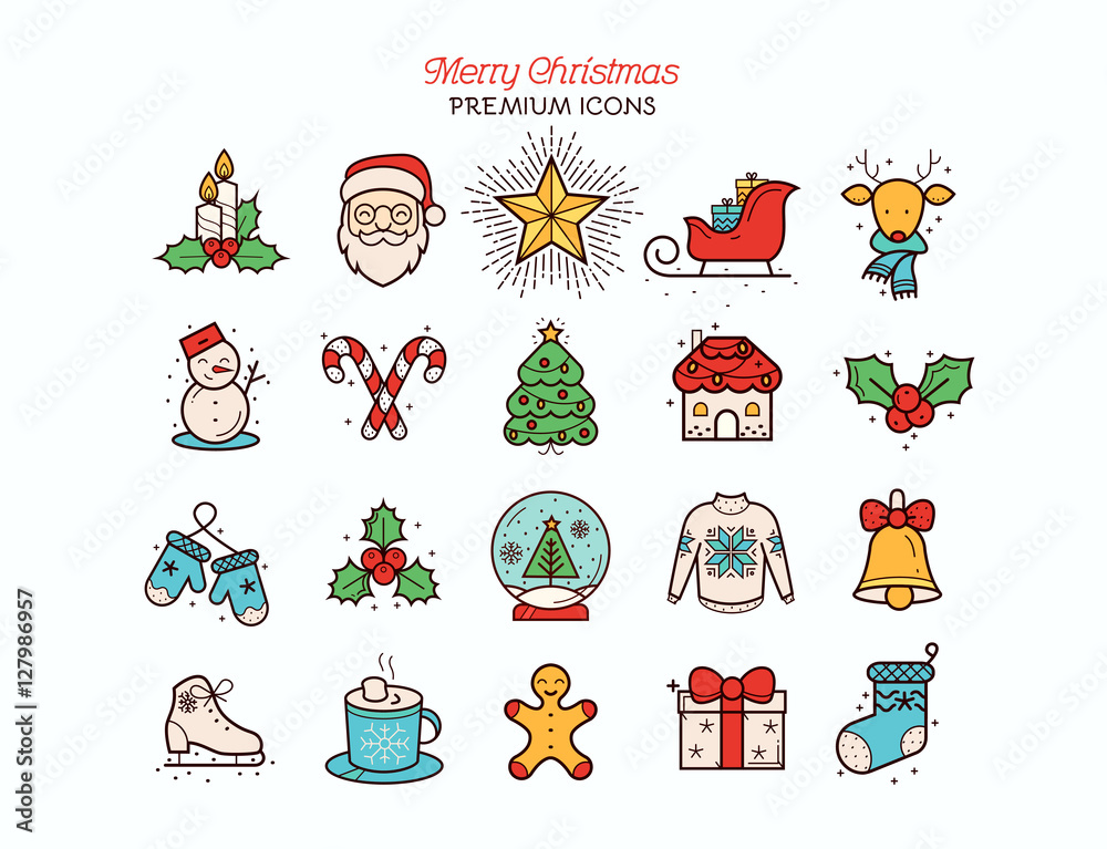 Naklejka premium Christmas icons, thin line style, flat design white background