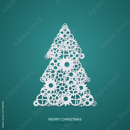 Vector modern concept christmas tree and mechanism gears background. Invitation of xmas or happy new year.
