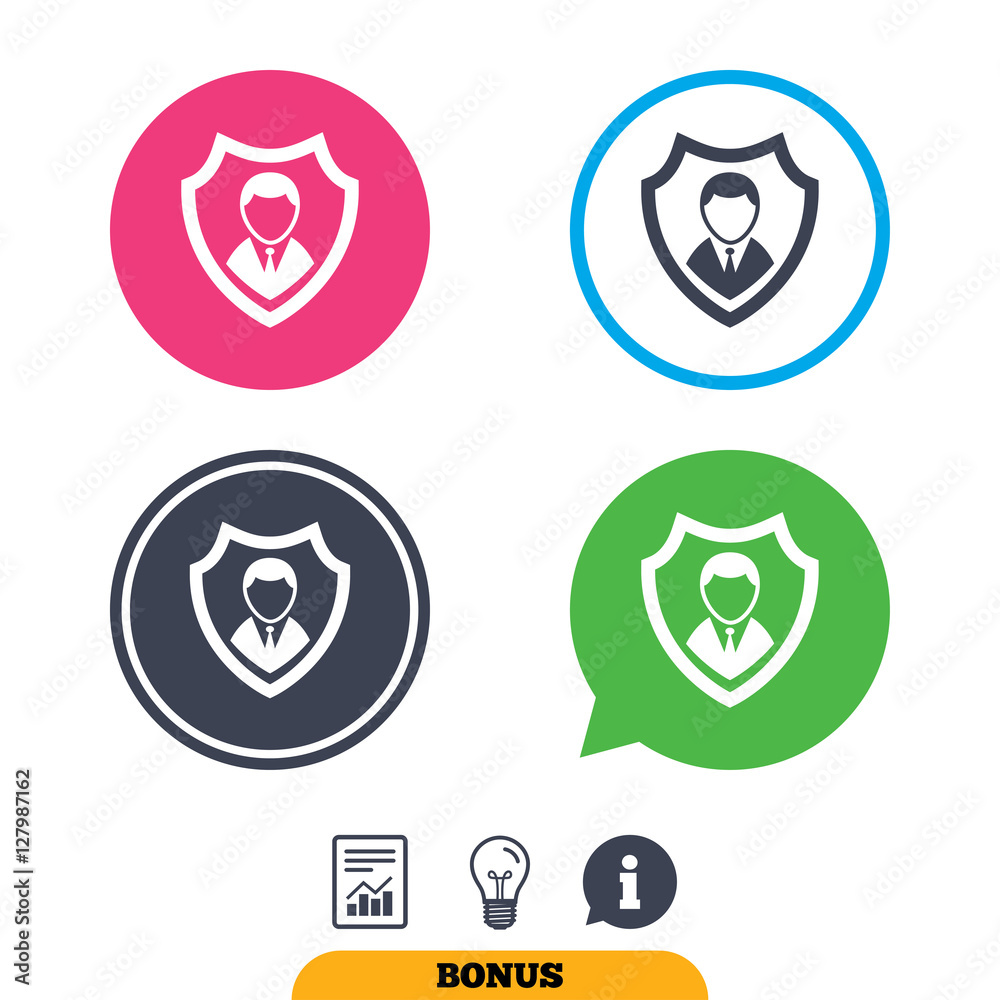 Security agency sign icon. Shield protection symbol. Report document, information sign and light bulb icons. Vector