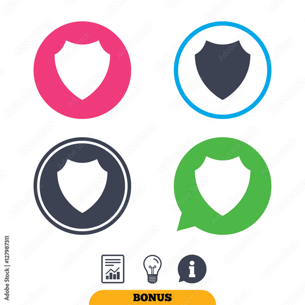 Shield sign icon. Protection symbol. Report document, information sign and light bulb icons. Vector Shield sign icon. Protection symbol. Report document, information sign and light bulb icons. Vector