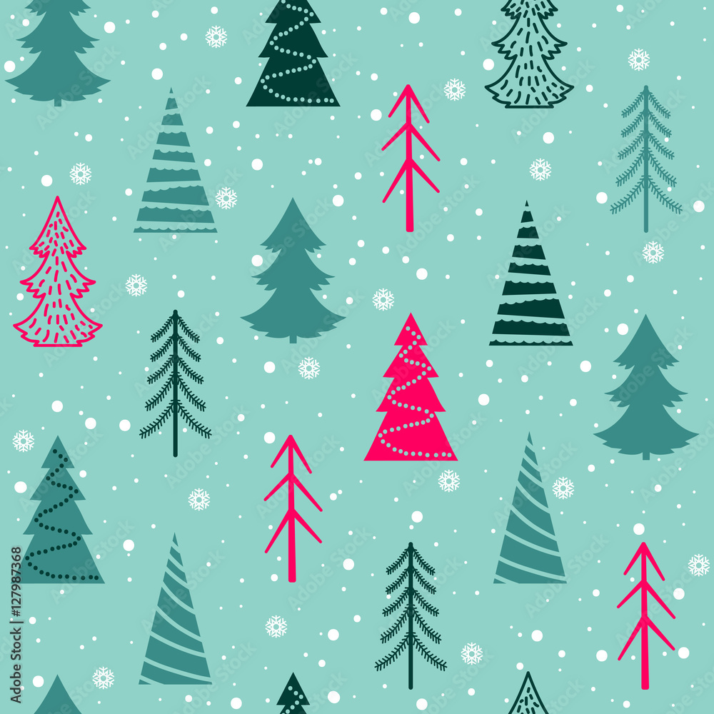 Seamless Christmas vector pattern with fir-trees, snowflakes, snow