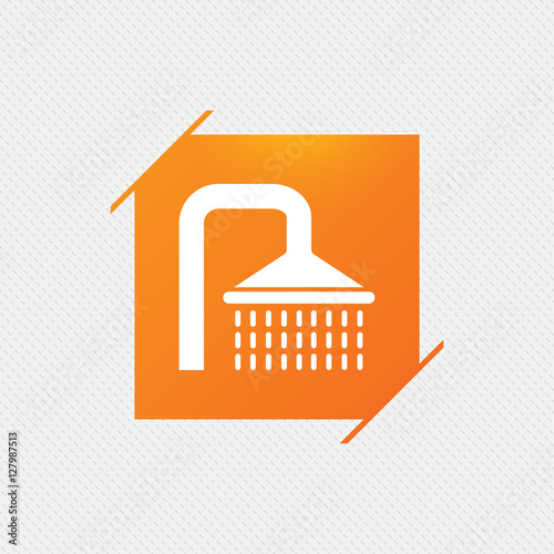 Shower sign icon. Douche with water drops symbol. Orange square label on pattern. Vector