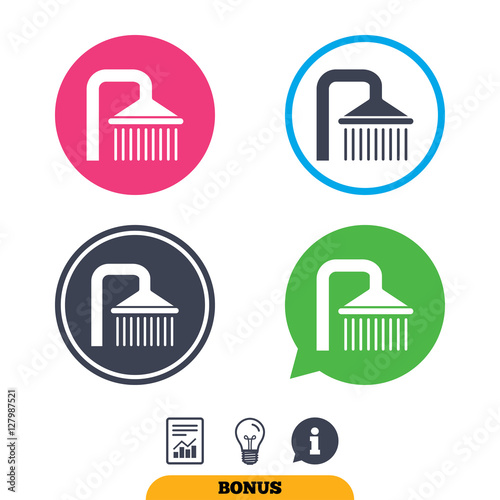 Shower sign icon. Douche with water drops symbol. Report document, information sign and light bulb icons. Vector