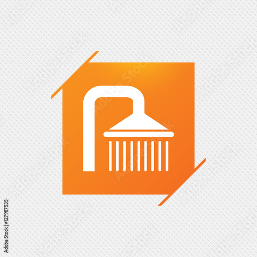 Shower sign icon. Douche with water drops symbol. Orange square label on pattern. Vector