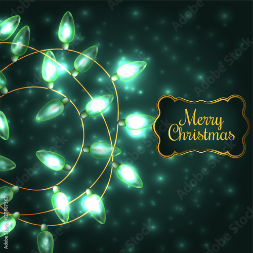Colorful Green Glowing Christmas Lights.Vector elements can be used as backdrop for new Year decoration. Holiday Illustration, luminous electric garland, shiny light bulbs and wire