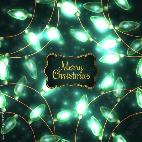 Colorful Green Glowing Christmas Lights.Vector elements can be used as backdrop for new Year decoration. Holiday Illustration, luminous electric garland, shiny light bulbs and wire