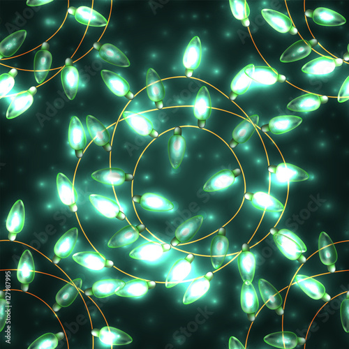 Colorful Green Glowing Christmas Lights.Vector elements can be used as backdrop for new Year decoration. Holiday Illustration, luminous electric garland, shiny light bulbs and wire