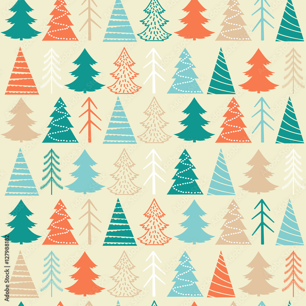 Seamless Christmas vector pattern with colorful fir-trees