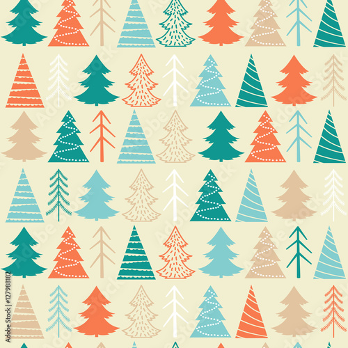 Seamless Christmas vector pattern with colorful fir-trees