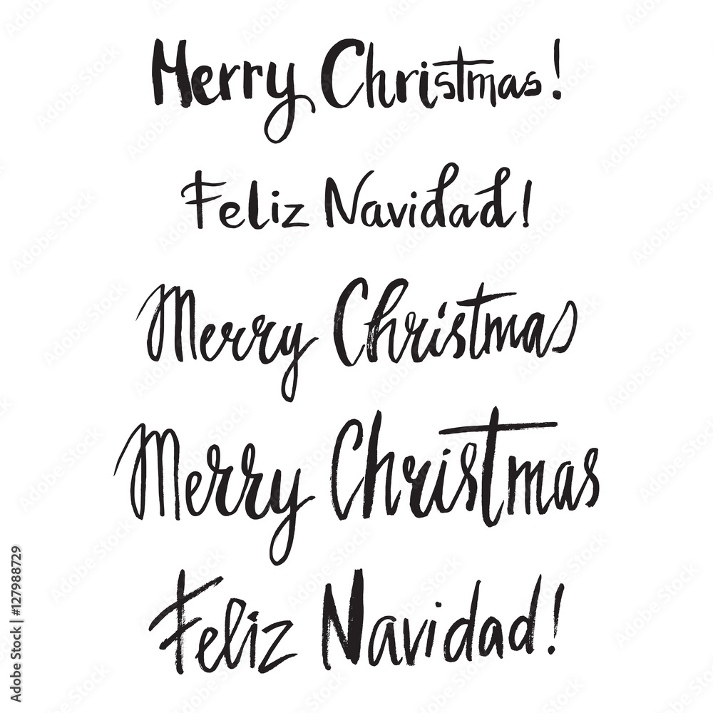 Christmas card template. Hand drawn lettering Merry Christmas. Feliz navidad! Perfect brush typography for cards, poster, t-shirt, invitations and other types of holiday design. Vector illustration.