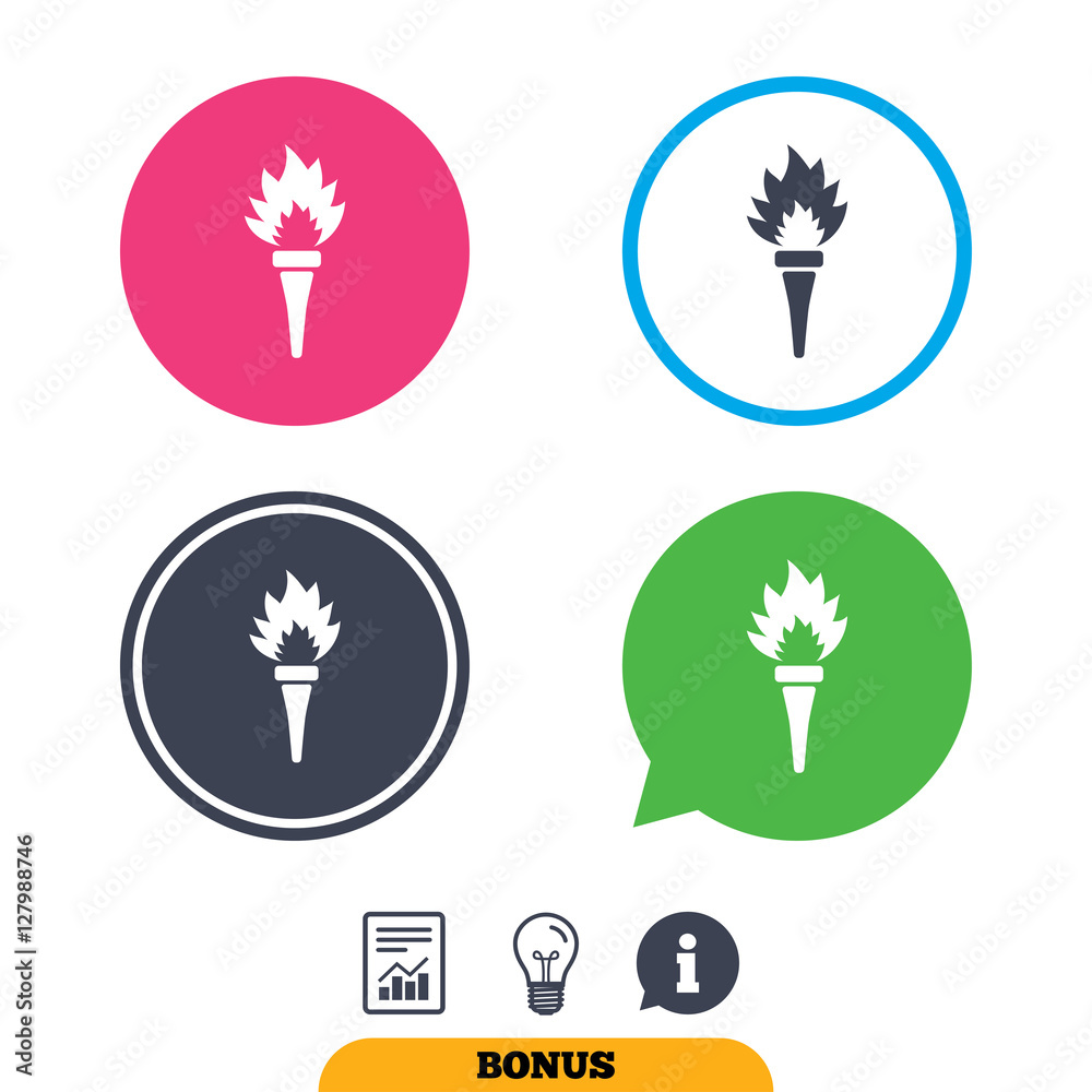 Torch flame sign icon. Fire flaming symbol. Report document, information sign and light bulb icons. Vector Torch flame sign icon. Fire flaming symbol. Report document, information sign and light bulb icons. Vector