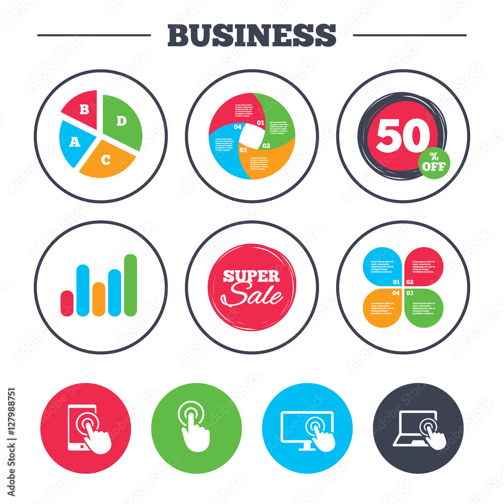 Business pie chart. Growth graph. Touch screen smartphone icons. Hand pointer symbols. Notebook or Laptop pc sign. Super sale and discount buttons. Vector Business pie chart. Growth graph. Touch screen smartphone icons. Hand pointer symbols. Notebook or Laptop pc sign. Super sale and discount buttons. Vector