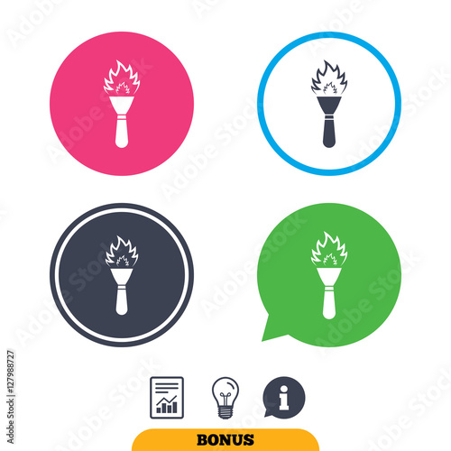 Torch flame sign icon. Fire flaming symbol. Report document, information sign and light bulb icons. Vector