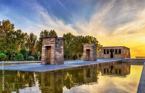 Sunset over the The Temple of Debod in Madrid, Spain