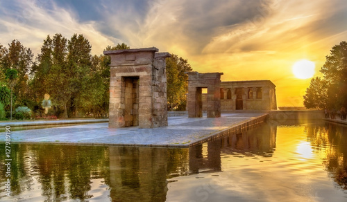 Sunset over the The Temple of Debod in Madrid, Spain