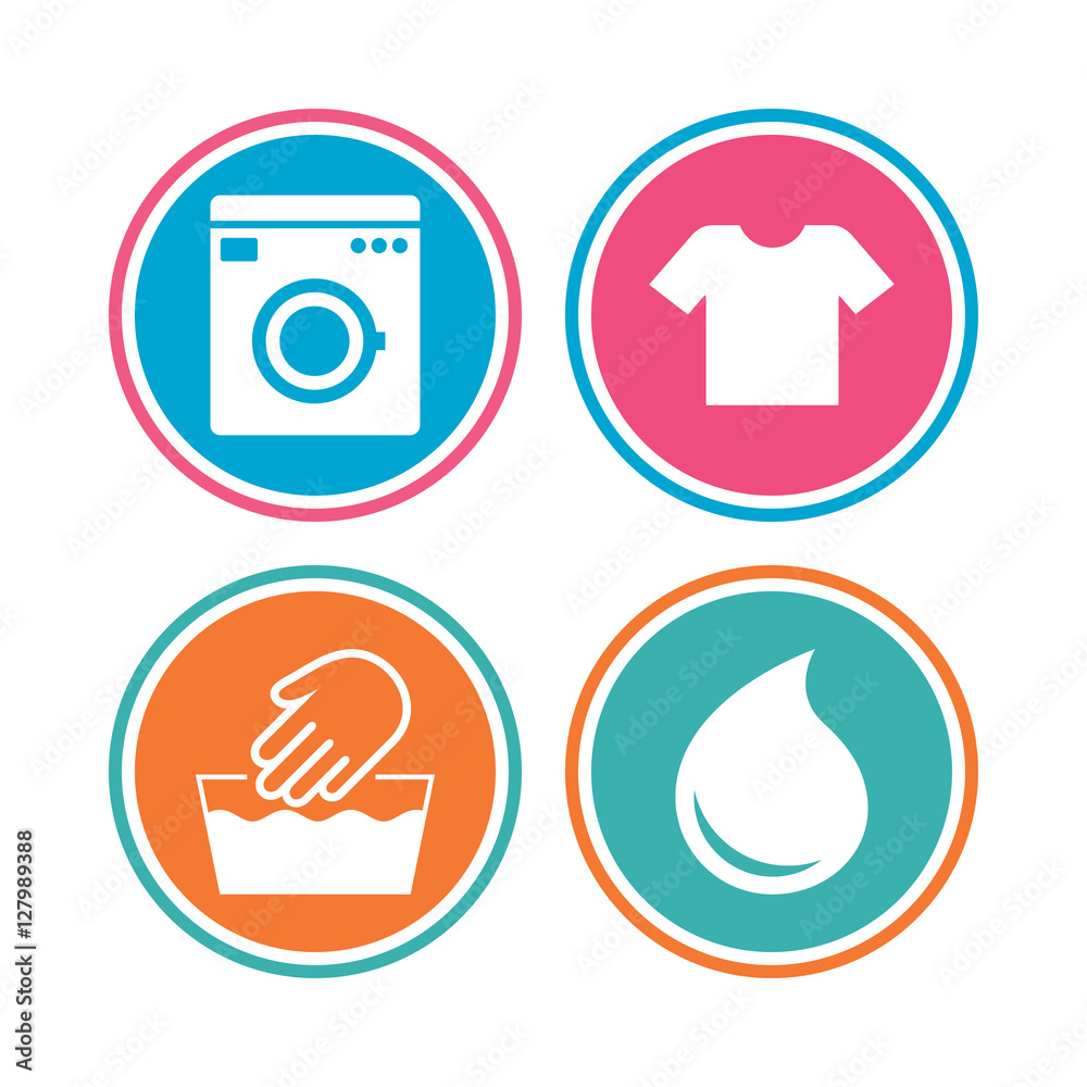 Wash machine icon. Hand wash. T-shirt clothes symbol. Laundry washhouse and water drop signs. Not machine washable. Colored circle buttons. Vector