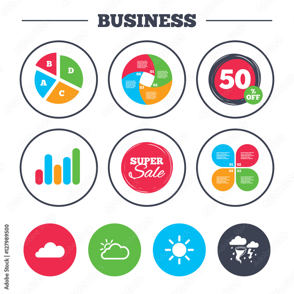 Business pie chart. Growth graph. Weather icons. Cloud and sun signs. Storm or thunderstorm with lightning symbol. Gale hurricane. Super sale and discount buttons. Vector Business pie chart. Growth graph. Weather icons. Cloud and sun signs. Storm or thunderstorm with lightning symbol. Gale hurricane. Super sale and discount buttons. Vector
