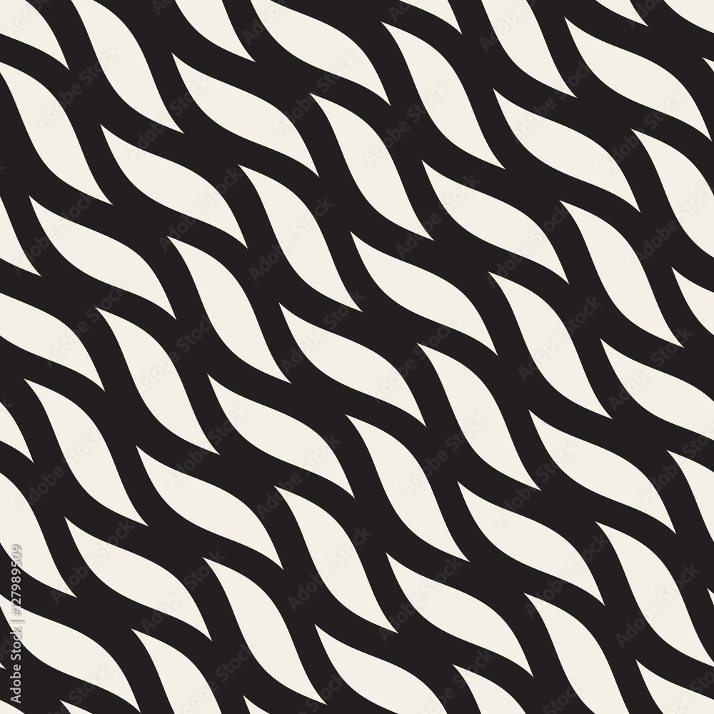 Vector Seamless Black and White Hand Drawn Diagonal Wavy Shapes Pattern