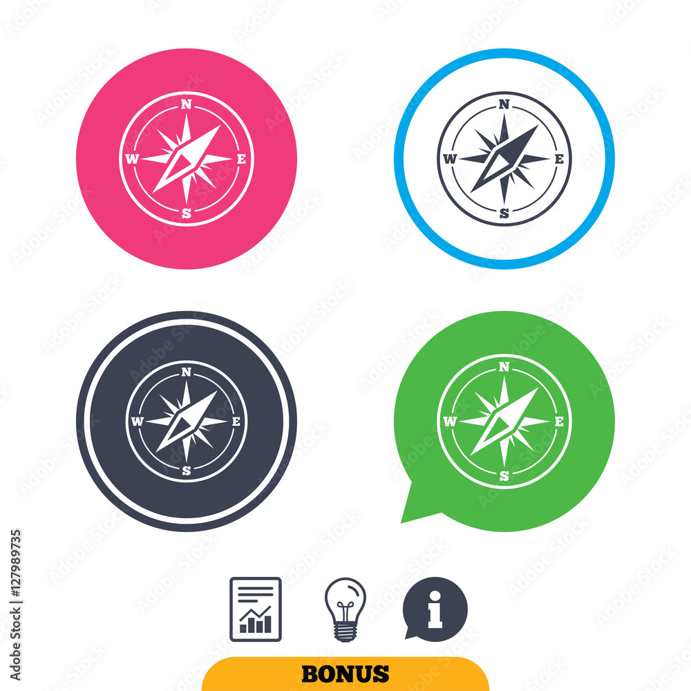 Compass sign icon. Windrose navigation symbol. Report document, information sign and light bulb icons. Vector