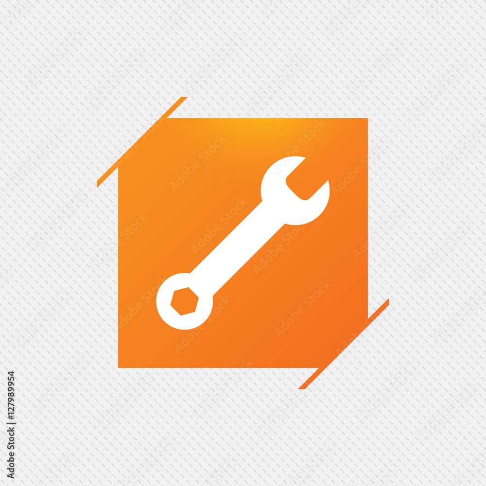 Wrench key sign icon. Service tool symbol. Orange square label on pattern. Vector Wrench key sign icon. Service tool symbol. Orange square label on pattern. Vector