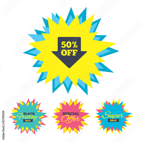 Sale stickers and banners. 50% sale arrow tag sign icon. Discount symbol. Special offer label. Star labels. Vector