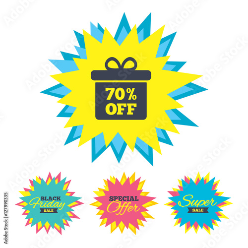 Sale stickers and banners. 70% sale gift box tag sign icon. Discount symbol. Special offer label. Star labels. Vector