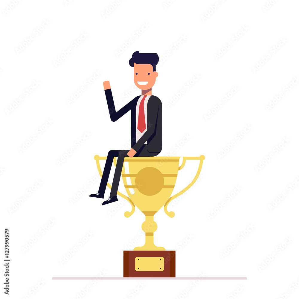 Businessman or manager is sitting on a big cup. Man in business suit won first place and received the prize. Vector, illustration EPS10.