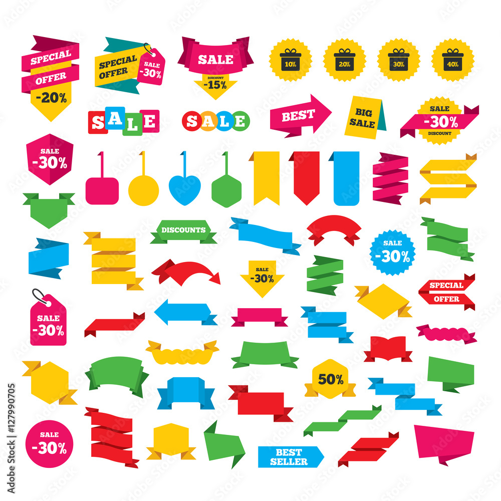 Web stickers, banners and labels. Sale gift box tag icons. Discount special offer symbols. 10%, 20%, 30% and 40% percent discount signs. Special offer tags. Vector Web stickers, banners and labels. Sale gift box tag icons. Discount special offer symbols. 10%, 20%, 30% and 40% percent discount signs. Special offer tags. Vector