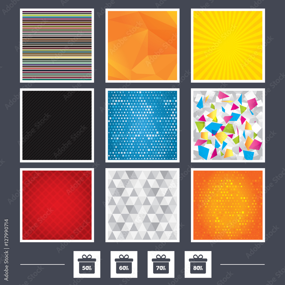 Yellow background. Carbon fiber texture. Mossaic and low poly design. Sale gift box tag icons. Discount special offer symbols. 50%, 60%, 70% and 80% percent discount signs. Abstract backgrounds