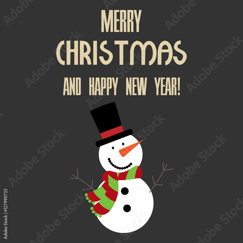 Vector illustration of a snowman with text merry christmas and happy new year