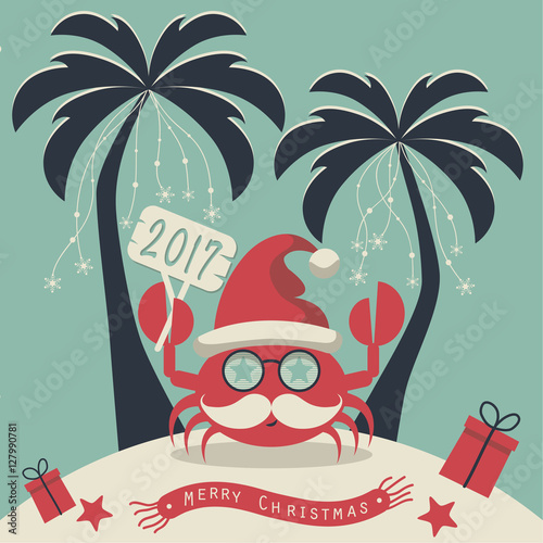 The cover design. Christmas on the island. Depicts two palm trees, a crab in Santa Claus hat, garlands of snowflakes, presents on the sand , starfish and scarf with the words merry christmas.