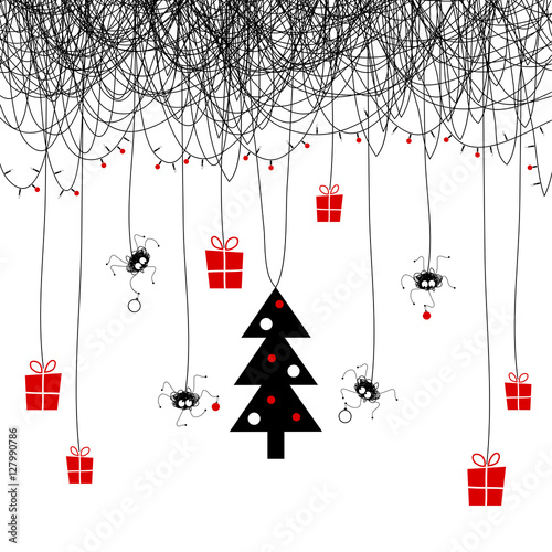 The cover design. Shows four the spider on the web decorating the Christmas tree for the holiday. On the web the garland of candles and red balls. Hanging gift boxes with gifts.