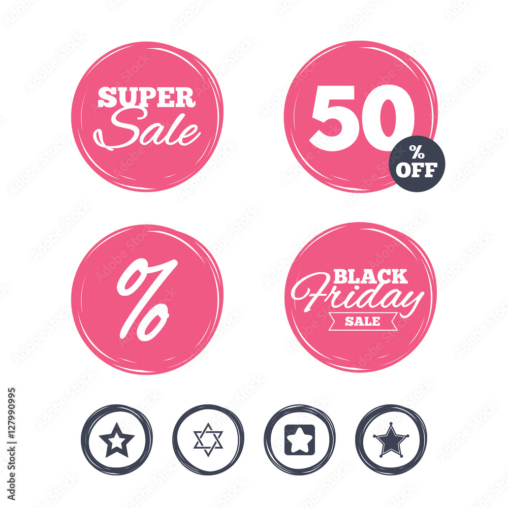 Super sale and black friday stickers. Star of David icons. Sheriff police sign. Symbol of Israel. Shopping labels. Vector Super sale and black friday stickers. Star of David icons. Sheriff police sign. Symbol of Israel. Shopping labels. Vector