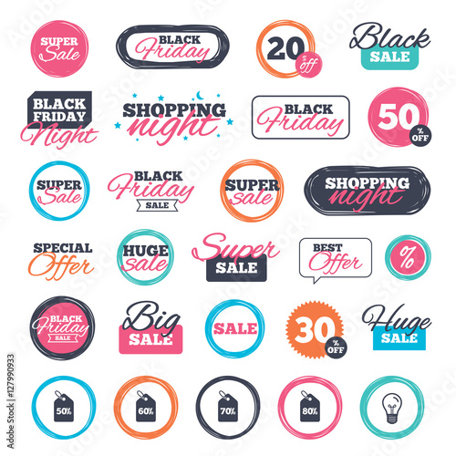 Sale shopping stickers and banners. Sale price tag icons. Discount special offer symbols. 50%, 60%, 70% and 80% percent discount signs. Website badges. Black friday. Vector