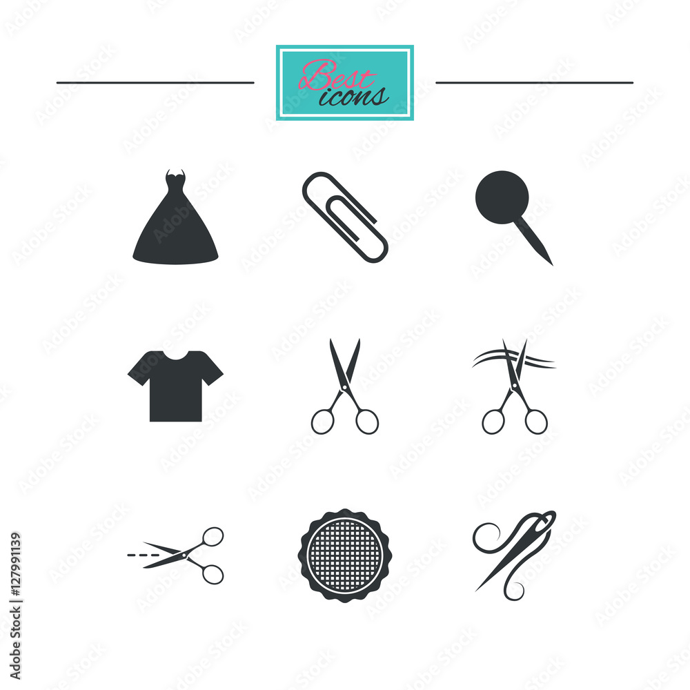 Tailor, sewing and embroidery icons. Scissors, safety pin and needle