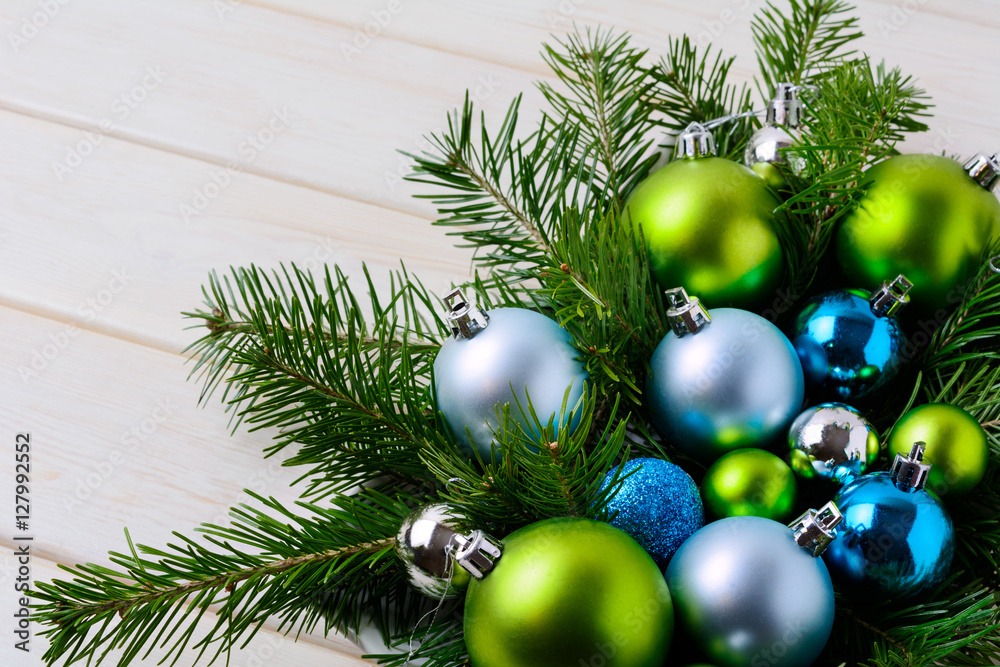 Christmas background with blue, green and pale blue ornaments Stock