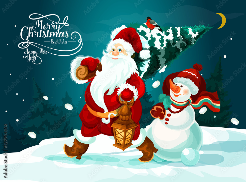 Santa and snowman with xmas tree and gifts card
